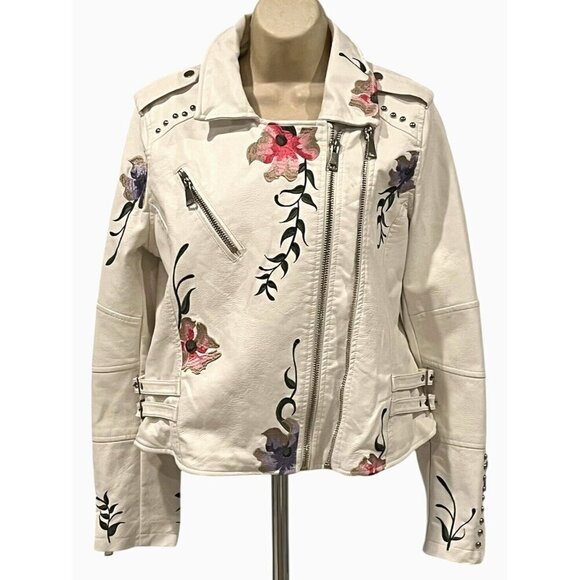 Faux Vegan Leather White Floral Embroidered Studded Zip Biker Moto Jacket - Picture 11 of 14